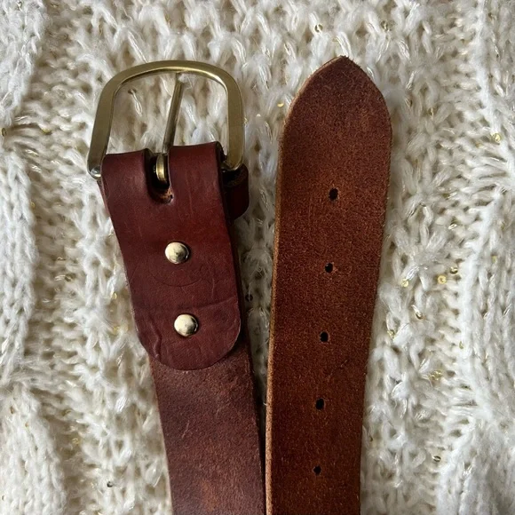 VINTAGE Premium COW HIDE Genuine Thick LEATHER Brass Buckle BELT S/M 26.5”-31.5” - Picture 6 of 12